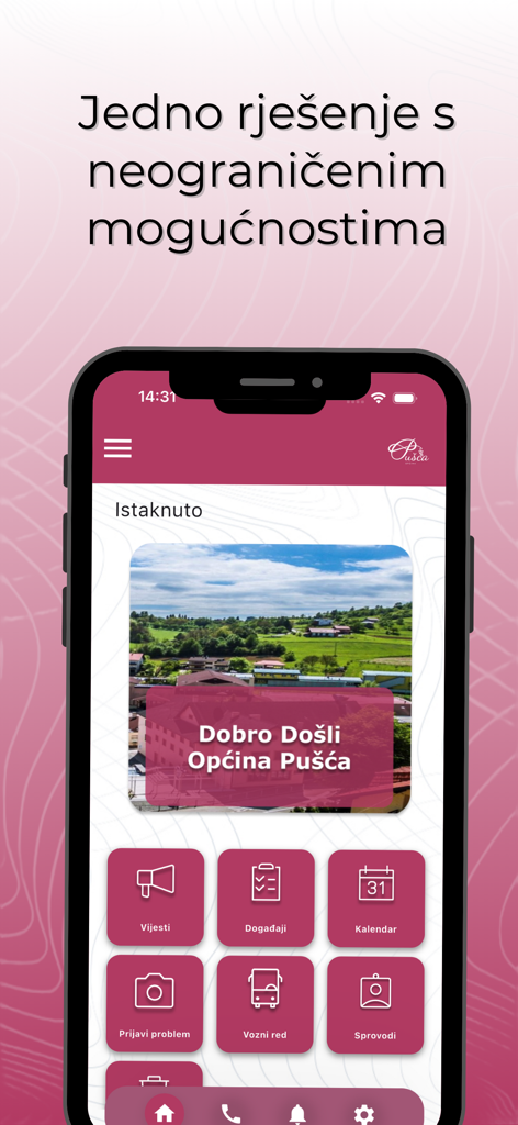 Moja Pušća - Pantalla de inicio de la aplicación móvil Moja Pusca con iconos de servicios cívicos y noticias locales.