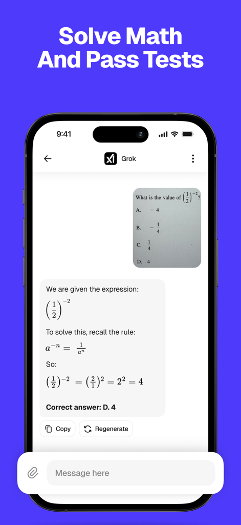 Overchat: Ask AI & Chat - Overchat app screenshot showing Grok AI solving a math question with a detailed explanation
