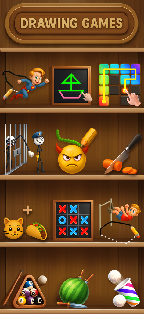 A variety of relaxing mini games displayed on wooden shelves including drawing puzzles and tactile activities