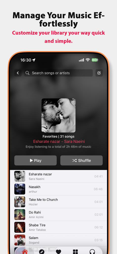 Mobile app interface showing music library favorites and playlist management on an iPhone