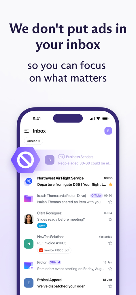 Proton Mail - Encrypted Email - Proton Mailアプリのスクリーンショット。スマートフォンで広告なしのメール受信トレイが表示されています。