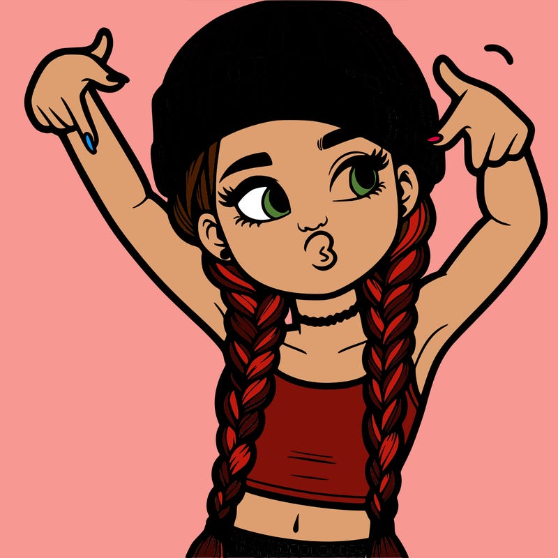 realistic teenage girl with braids and a beanie and crop top doing 🫶🏼