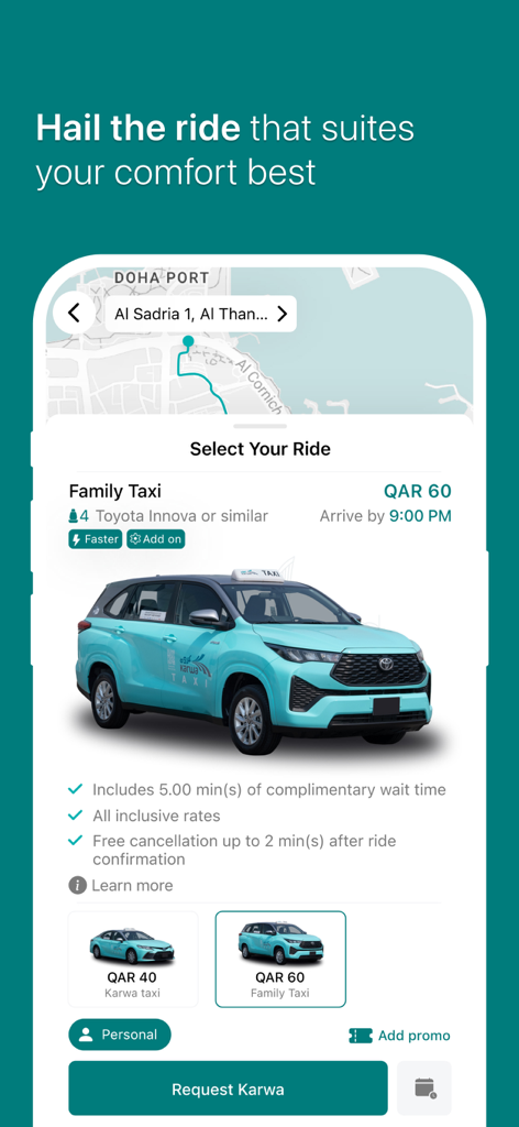 Interface of the Karwa Official app showing ride options and fare estimates for taxis in Qatar