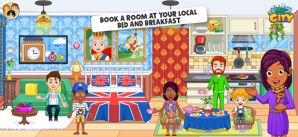My City: London Trip Adventure - キャラクターと朝食テーブルのある、ロンドンをテーマにしたベッド・アンド・ブレックファストの部屋