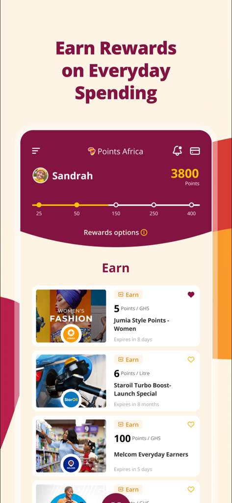 Points Africa - Points Africa mobile app dashboard showing user points and reward offers for everyday shopping