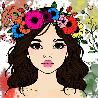 beautiful realistic girl with freckles and a flower crown
