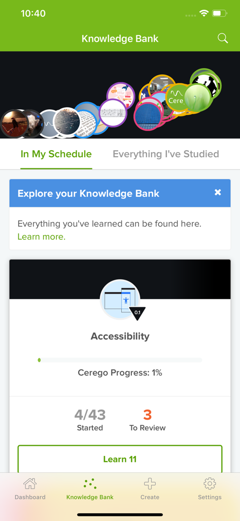 Cerego app Knowledge Bank screen showing learning progress and scheduled review items.