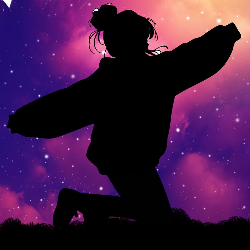 realistic girl jumping with a bun and oversized sweatshirt