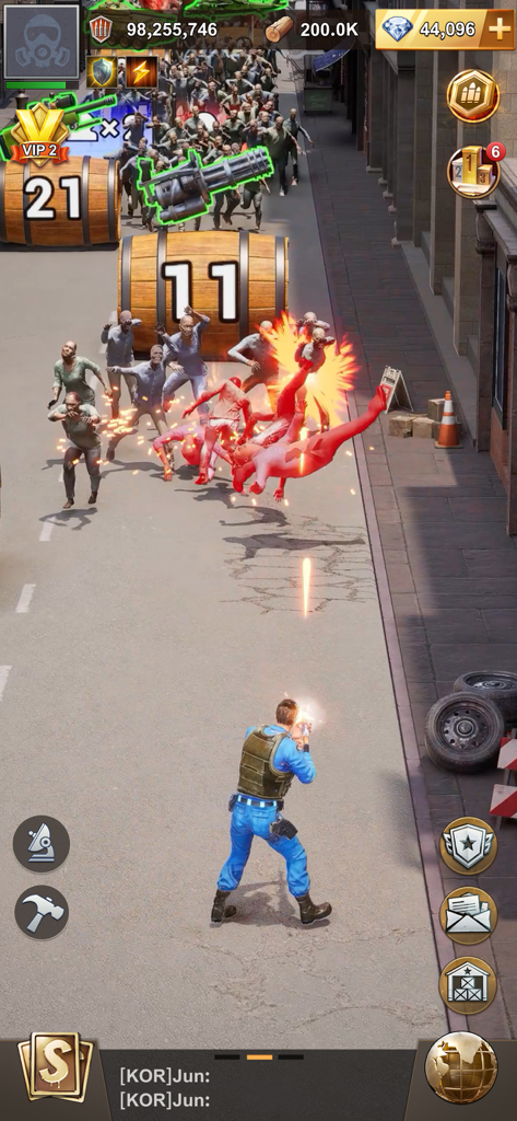 Last Z: Survival Shooter - A player character shooting at a horde of zombies in a city street with explosive fire effects