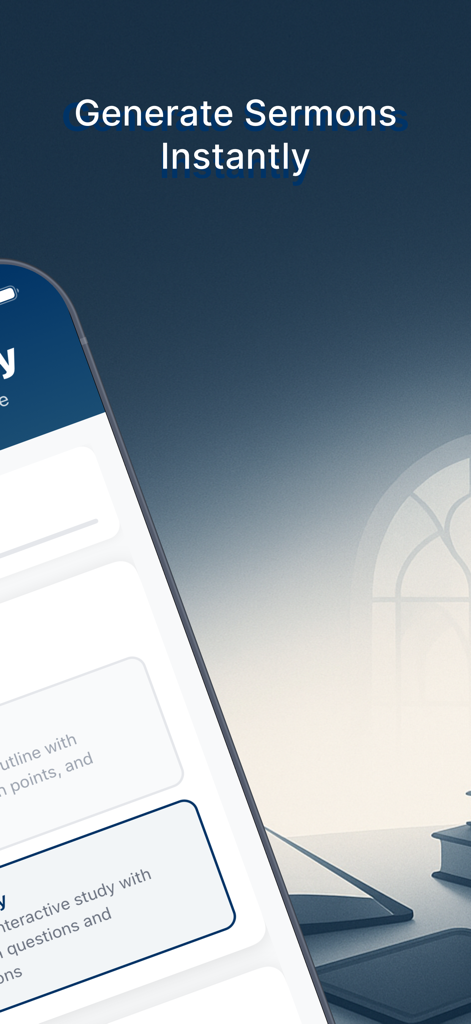 Interface of the Preach Sermon Builder app showing the feature to generate sermons instantly