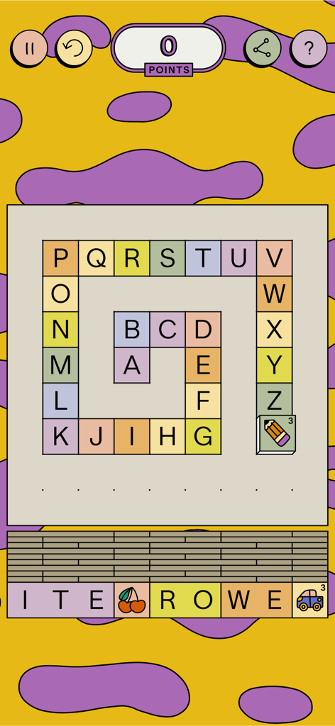 GUBBINS — It's a word game - A colorful gameplay screen of the Gubbins word game featuring a spiral of alphabet tiles and kooky cartoon modifiers