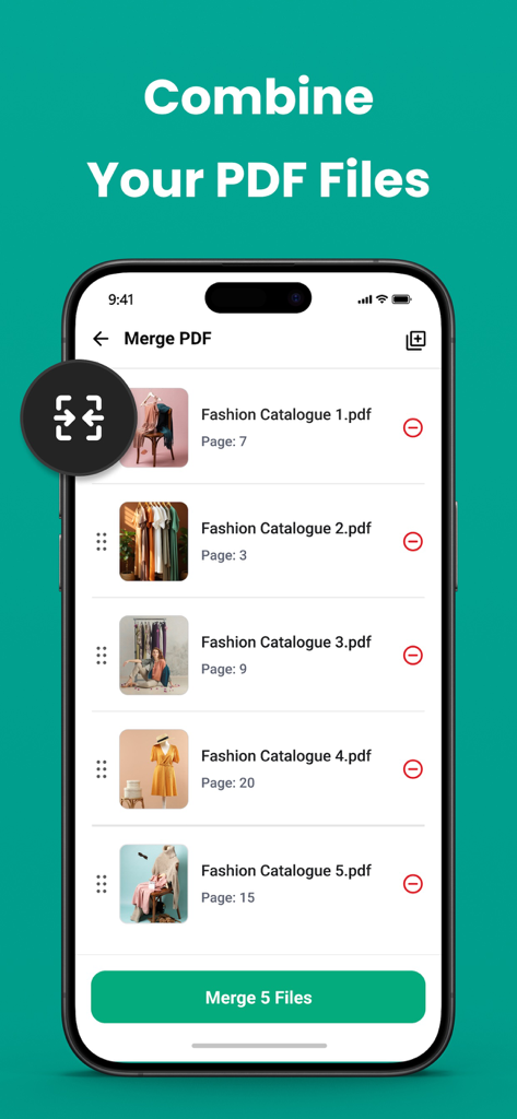 Interface do aplicativo Cam Scanner mostrando o processo para combinar vários arquivos PDF em um.