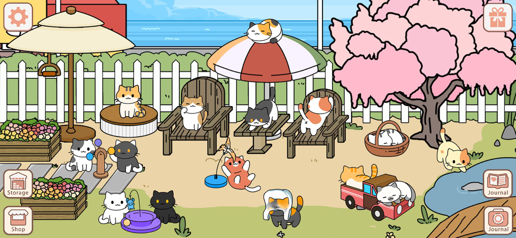 Dream House Decorating Games - Una escena de jardín colorida y acogedora llena de muchos gatos de dibujos animados lindos jugando y relajándose.