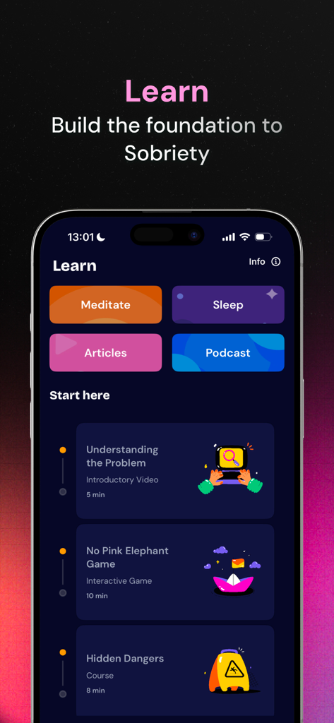 QUITTR app learn screen with educational courses and sobriety resources