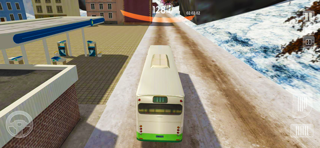 offroad Coach Bus Simulator 3d - A white coach bus driving past a gas station on a snowy road in Offroad Coach Bus Simulator 3d.