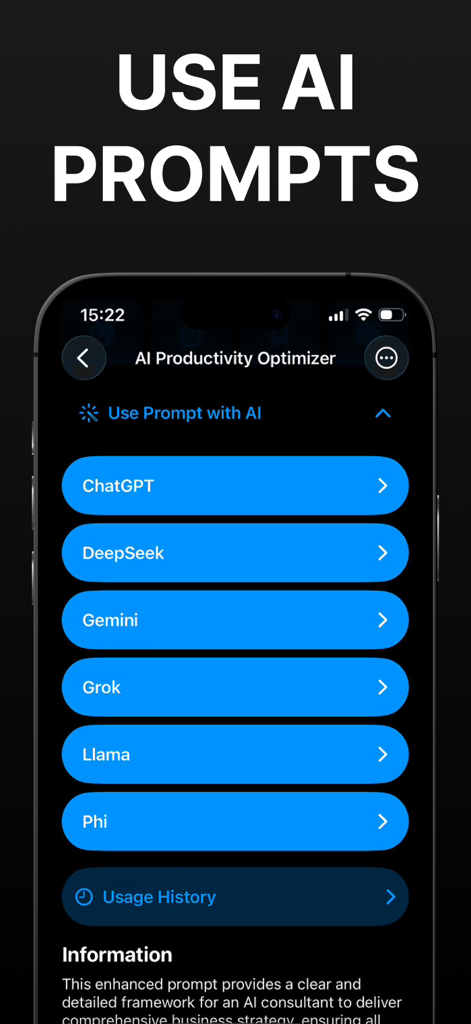 PromptKit: AI Helper - PromptKit app interface showing a list of AI models including ChatGPT, DeepSeek, and Gemini to use with a selected prompt.