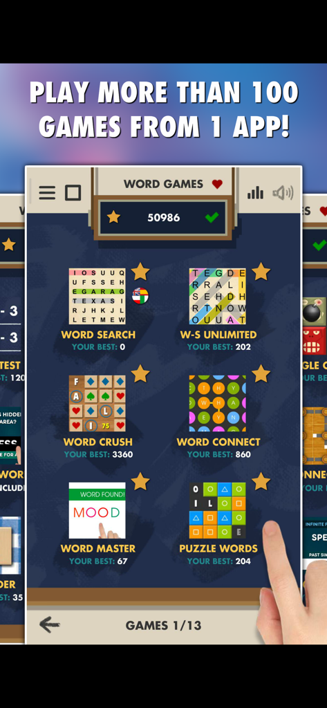 Pantalla del menú principal de la aplicación Word Games PRO 101-en-1 que muestra una selección de diferentes juegos de búsqueda de palabras y rompecabezas