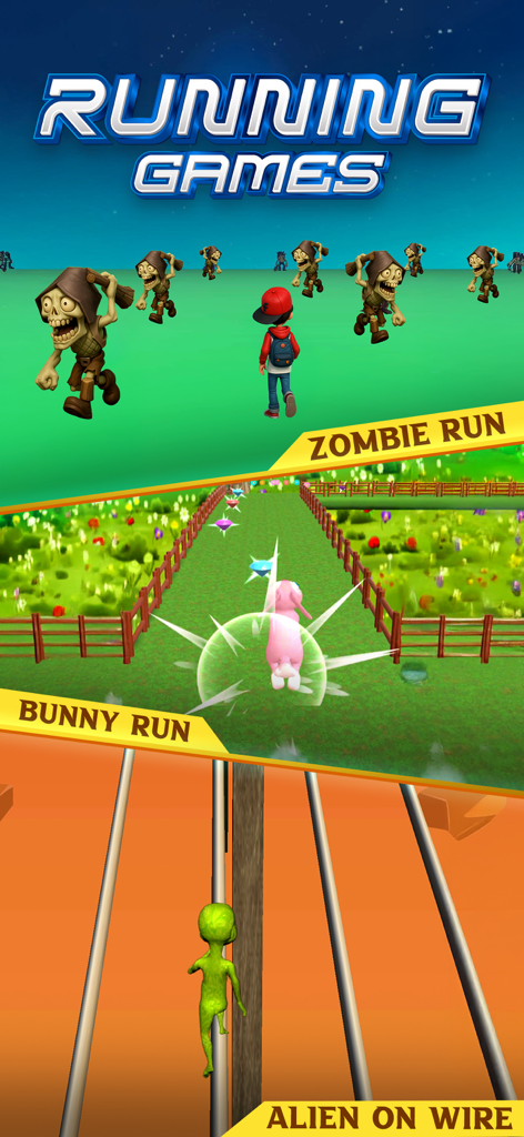 Addictive Games™ - A menu showing three running games Zombie Run Bunny Run and Alien on Wire