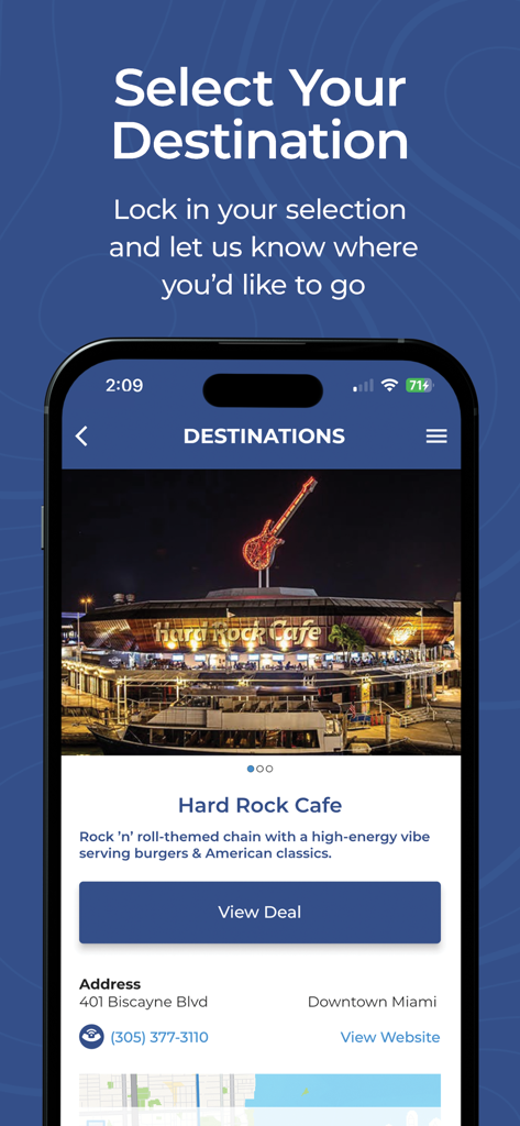 Ride Freebee - Ride Freebee app screen showing Hard Rock Cafe Miami as a destination with an exclusive deal