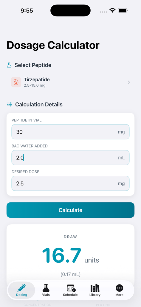 PeptideCalc Pro app dosage calculator screen showing a Tirzepatide dose calculation of 16.7 units.