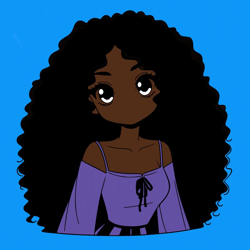 a black anime girl with long afro hair