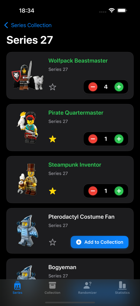 Una lista de Minifiguras LEGO de la Serie 27 con contadores de cantidad en la aplicación.
