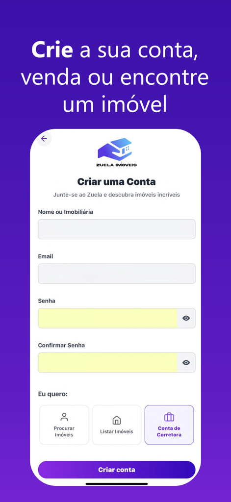 Zuela Imoveis - Registration screen for Zuela Imoveis real estate app with sign up fields and user role selection