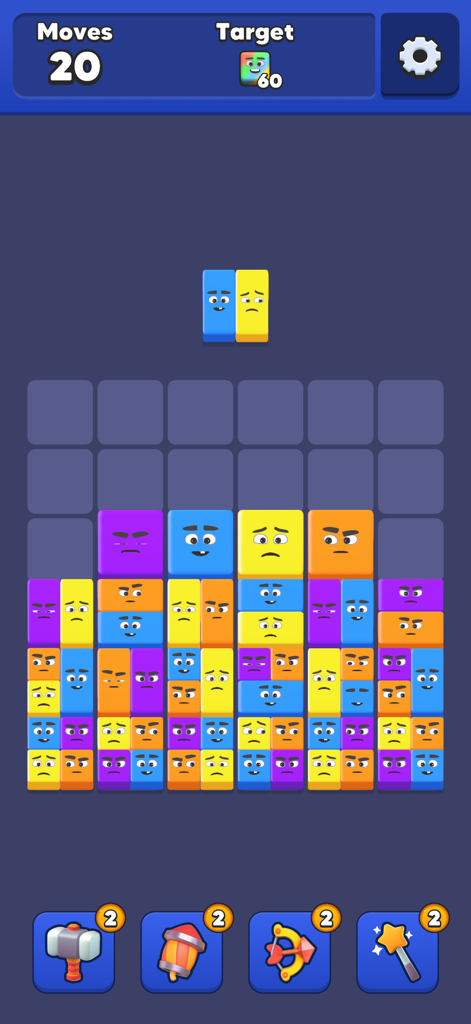 A colorful puzzle grid in the Drop Jelly game featuring vibrant jelly blocks with cute expressions and power-up icons.