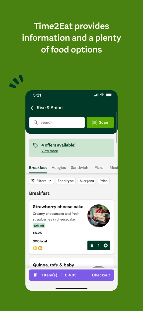 Time2Eat by Compass Digital - Time2Eat app interface showing a breakfast menu with food options and nutritional information for corporate dining.