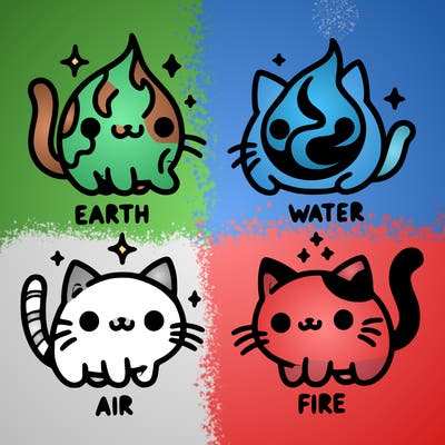 4 cats that represent the different elements, earth, water, air, and fire