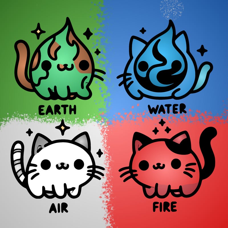 4 cats that represent the different elements, earth, water, air, and fire