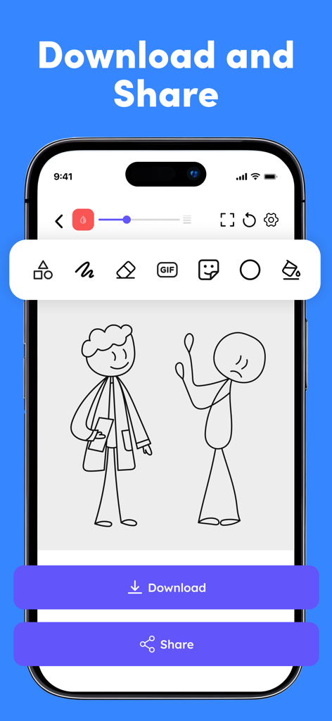 Interface of the Draw Animation app showing download and share buttons for a stick figure animation
