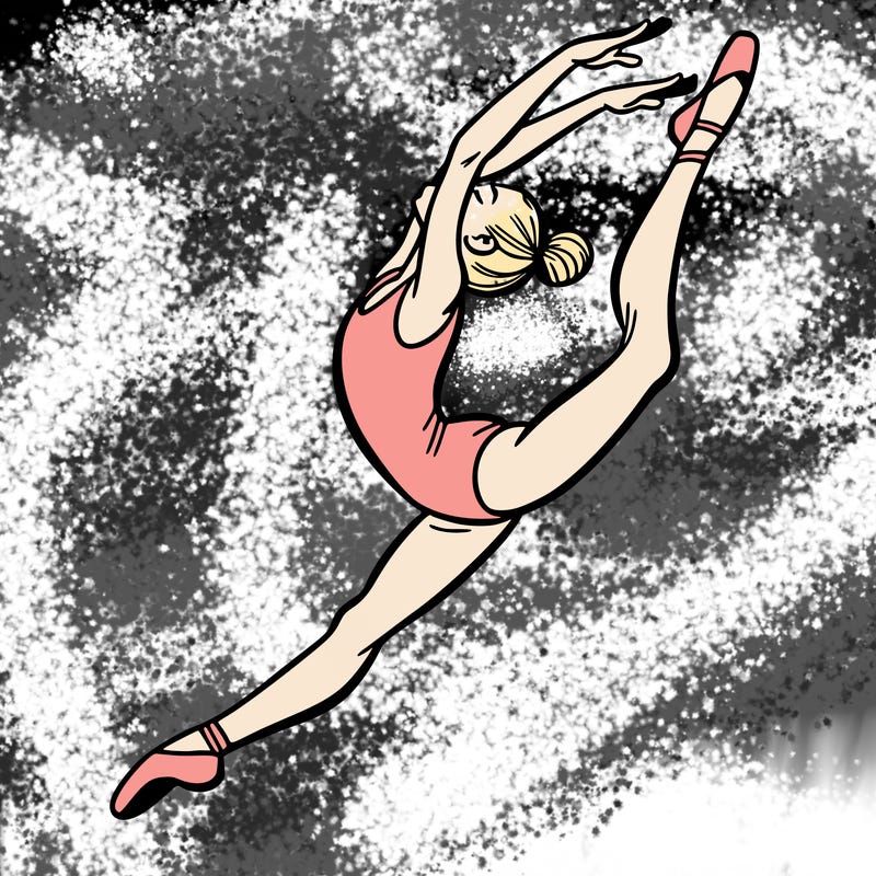 gymnast doing a leap in a leotard with a bent back leg