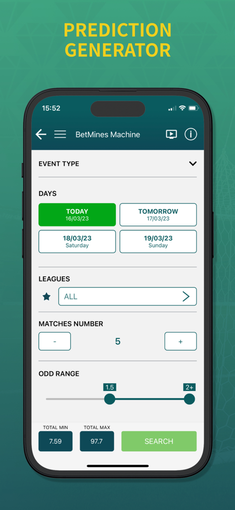 BetMines Football Betting Tips - BetMines Machine予測ジェネレーターのインターフェース。サッカーベッティングフィルターとオッズ範囲が表示されています。