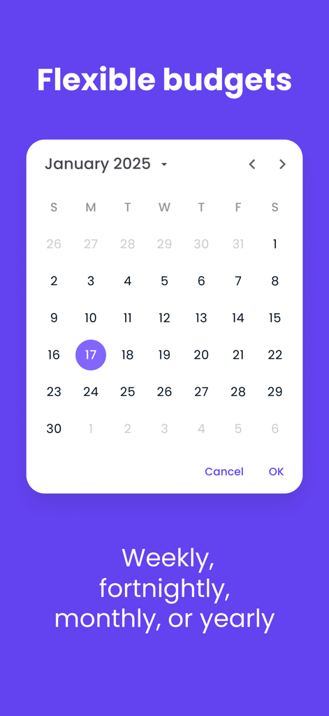 Billroo: Budget & Finance - Billroo app interface showing a calendar for setting weekly monthly or yearly budget goals