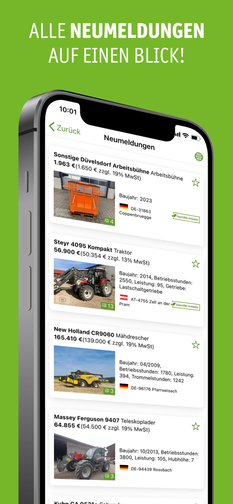 Uma interface de aplicativo móvel exibindo uma lista de novos anúncios de máquinas agrícolas, incluindo tratores e colheitadeiras, com preços e detalhes técnicos.