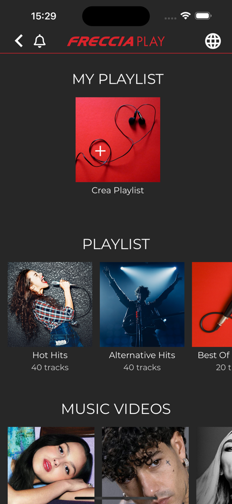 FRECCIAPlay mobile app screen showing music playlists and video content for train travel entertainment