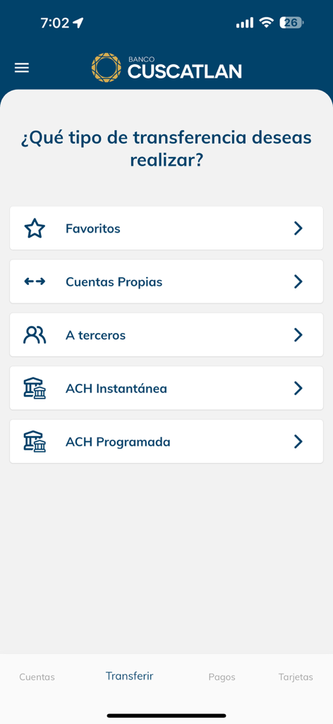 App CUSCATLAN GT 1.0 - Banco Cuscatlan app interface for selecting money transfer types like own accounts and ACH