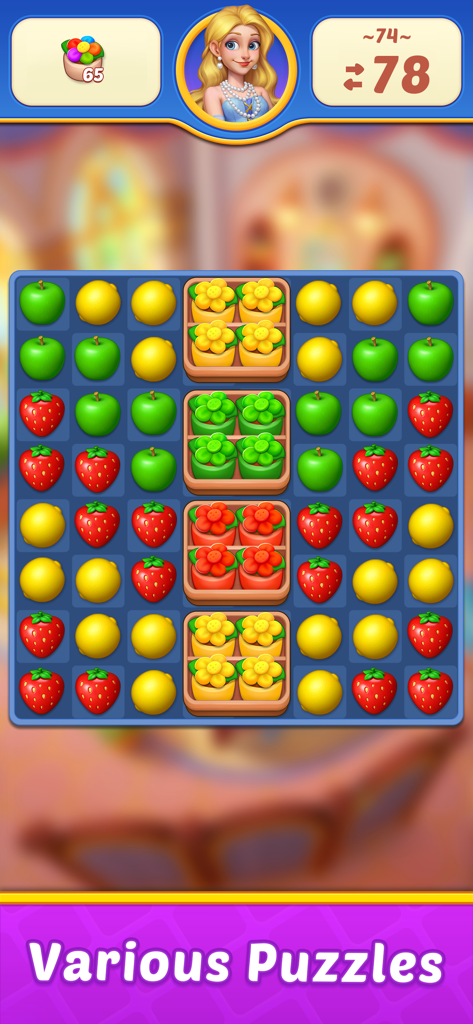 Fruit Diary 2: Match 3 Offline - A colorful match 3 puzzle board from Fruit Diary 2 featuring apples, lemons, and strawberries.