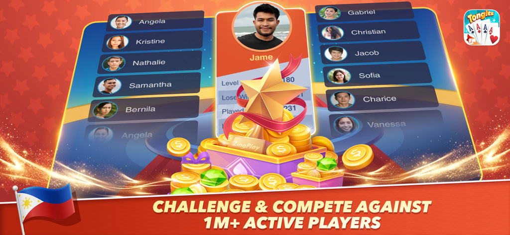 A leaderboard screen in Tongits ZingPlay showing profiles of active players and a gold trophy with coins.