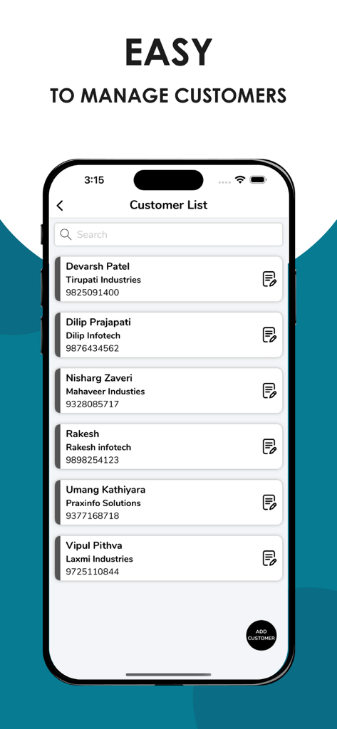 Quotation Maker - Captura de tela do aplicativo Quotation Maker mostrando uma interface profissional de lista de clientes para fácil gerenciamento de contatos.