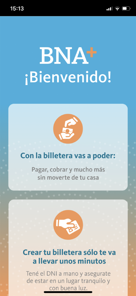 BNA+ - BNA plusアプリのウェルカムスクリーン、デジタルウォレットのメリットとDNI登録手順を表示