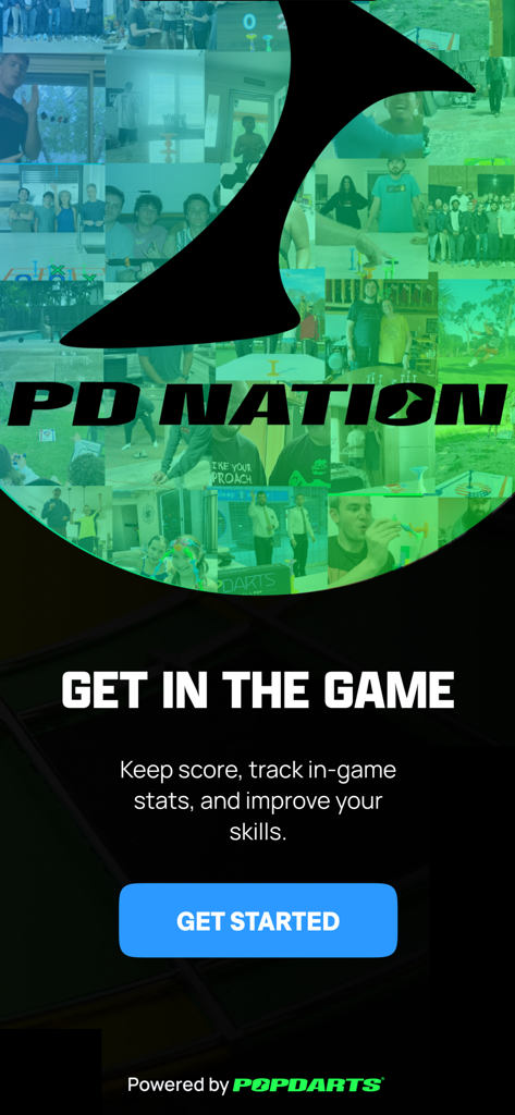 Popdarts Score Keeper - Welcome screen of the Popdarts Score Keeper app featuring the PD Nation community montage and a get started button