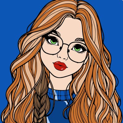 girl with long hair and freckles and glasses realistic