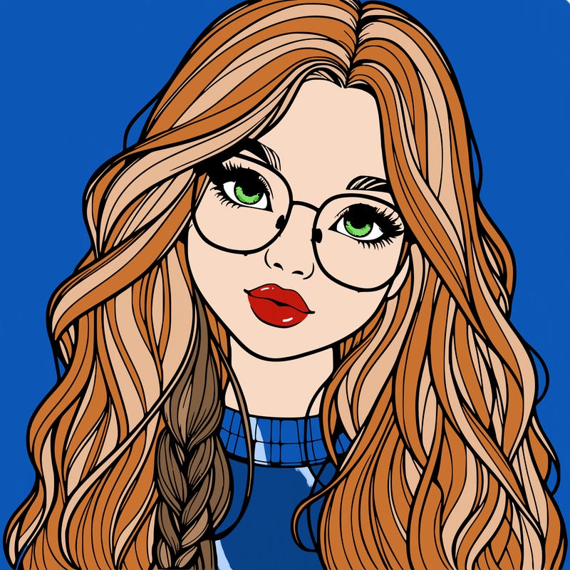 girl with long hair and freckles and glasses realistic