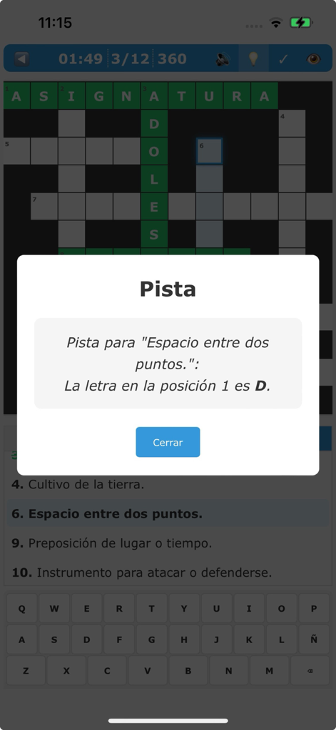 Crucigrama en Español - Interfaz de juego de Crucigrama en Español mostrando una ventana emergente de pista para la definición de una palabra