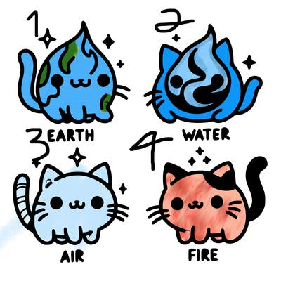 4 cats that represent the different elements, earth, water, air, and fire