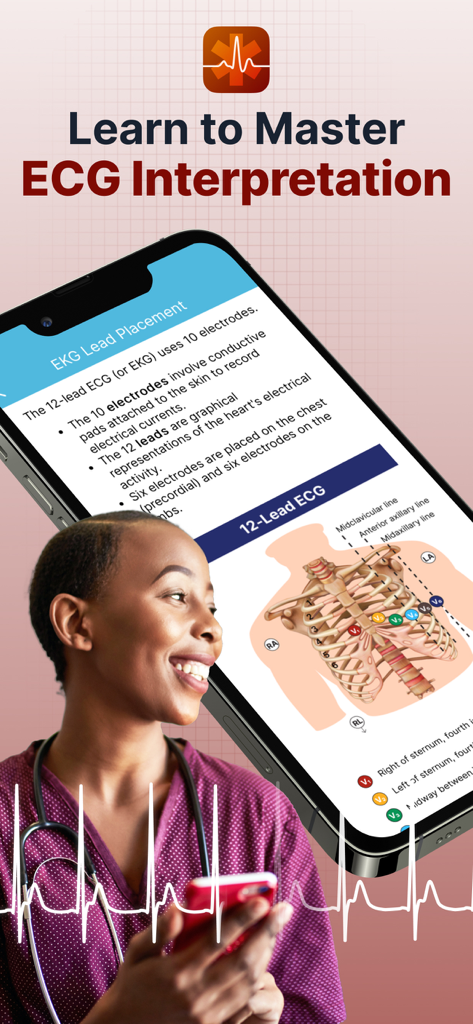 ECG EKG Interpretation Mastery - A healthcare professional using the ECG Mastery app to learn EKG lead placement with an anatomical diagram