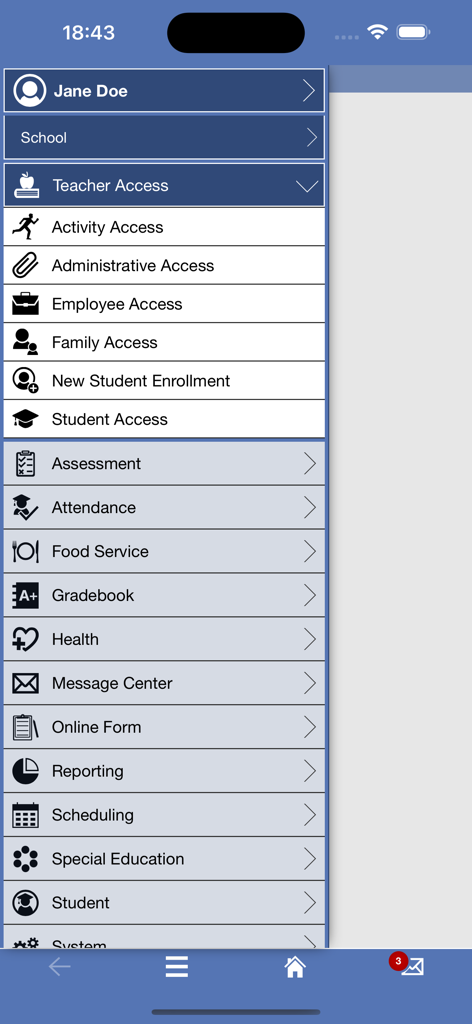 Skyward Mobile Access - Skyward Mobile Access app main navigation menu showing options for teachers parents and students