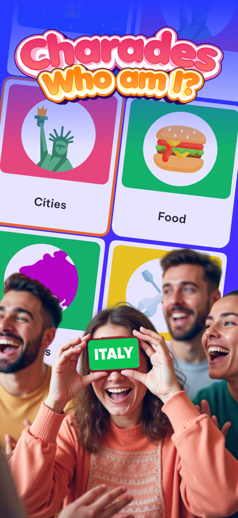 A group of friends laughing and playing a charades game by holding a smartphone to their forehead.